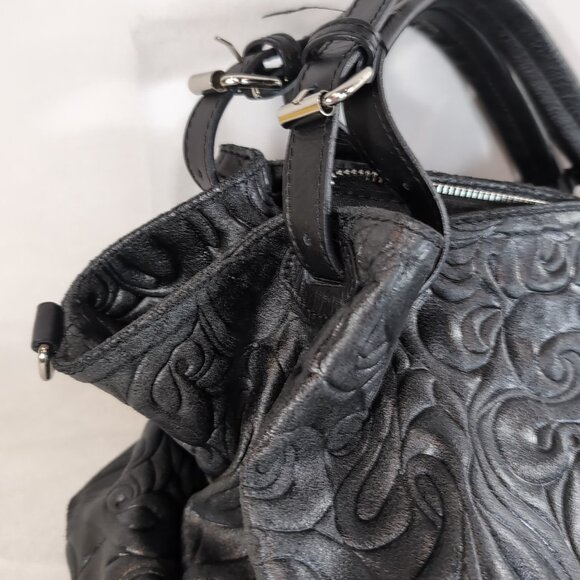 Isadora Italy Tooled Leather Purse Black Large Shoulder Bag Tote Swirls MSRP$425 - Picture 16 of 16